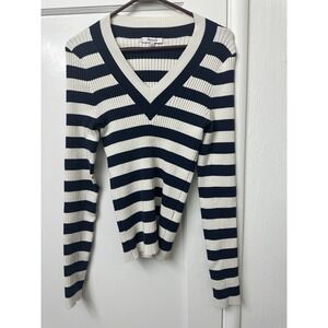 Madewell Ribbed V-Neck Sweater Women's Large Navy Cream Stripe Long Sleeve